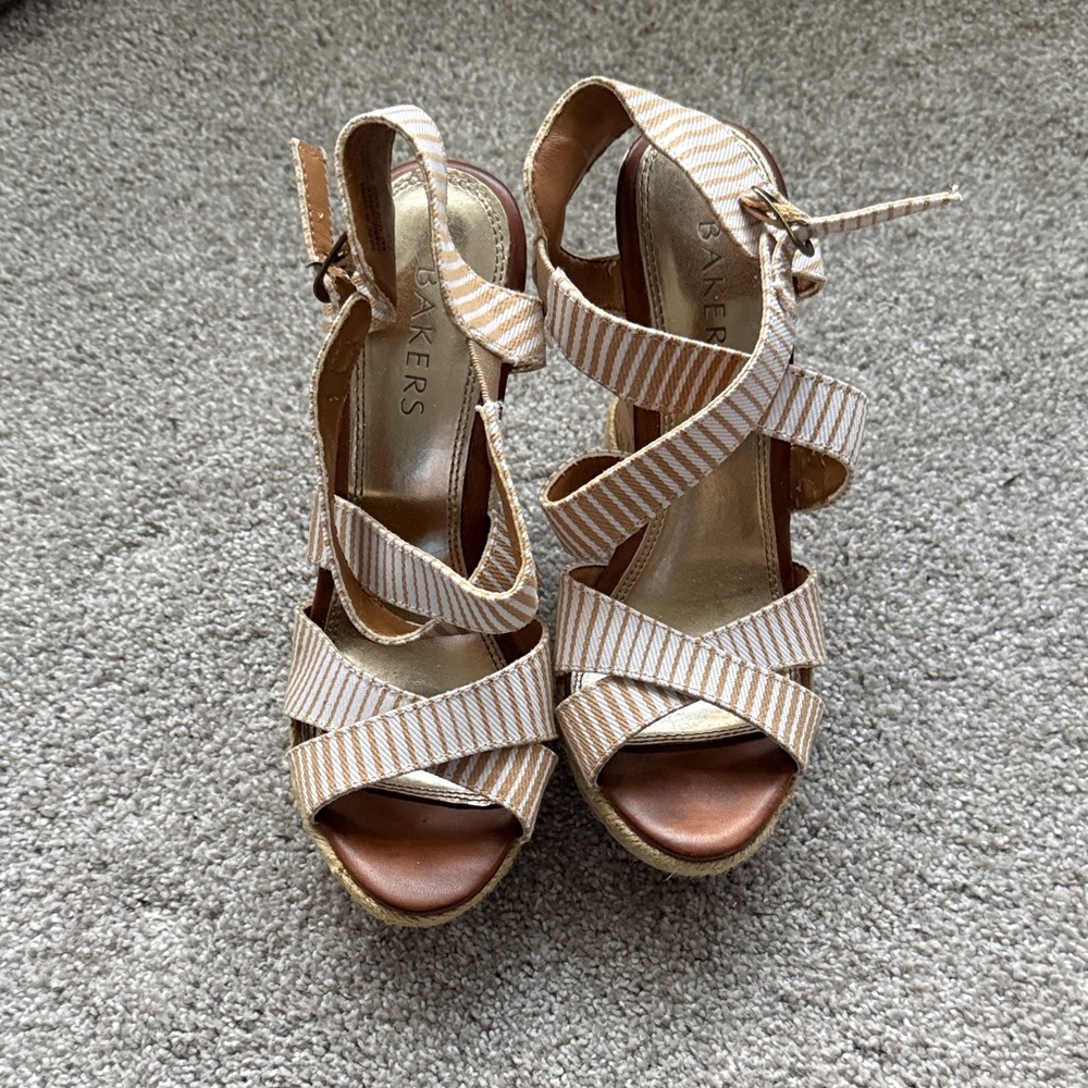 Bakers Tan and White Striped Crisscross Wedge Sandals